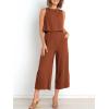 imageANRABESS Womens Summer 2 Piece Outfits Sleeveless Crop Top Capri Wide Leg Pants Jumpsuit Linen Lounge Beach Travel SetsBrick Red