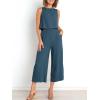 imageANRABESS Womens Summer 2 Piece Outfits Sleeveless Crop Top Capri Wide Leg Pants Jumpsuit Linen Lounge Beach Travel SetsDeep Blue