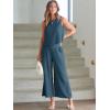 imageANRABESS Womens Summer 2 Piece Outfits Sleeveless Crop Top Capri Wide Leg Pants Jumpsuit Linen Lounge Beach Travel SetsDeep Blue