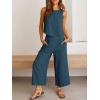 imageANRABESS Womens Summer 2 Piece Outfits Sleeveless Crop Top Capri Wide Leg Pants Jumpsuit Linen Lounge Beach Travel SetsDeep Blue