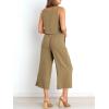 imageANRABESS Womens Summer 2 Piece Outfits Sleeveless Crop Top Capri Wide Leg Pants Jumpsuit Linen Lounge Beach Travel SetsKhaki