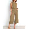 imageANRABESS Womens Summer 2 Piece Outfits Sleeveless Crop Top Capri Wide Leg Pants Jumpsuit Linen Lounge Beach Travel SetsKhaki