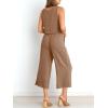 imageANRABESS Womens Summer 2 Piece Outfits Sleeveless Crop Top Capri Wide Leg Pants Jumpsuit Linen Lounge Beach Travel SetsLight Brown