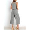 imageANRABESS Womens Summer 2 Piece Outfits Sleeveless Crop Top Capri Wide Leg Pants Jumpsuit Linen Lounge Beach Travel SetsLight Gray