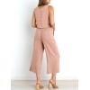 imageANRABESS Womens Summer 2 Piece Outfits Sleeveless Crop Top Capri Wide Leg Pants Jumpsuit Linen Lounge Beach Travel SetsPink