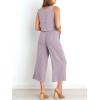 imageANRABESS Womens Summer 2 Piece Outfits Sleeveless Crop Top Capri Wide Leg Pants Jumpsuit Linen Lounge Beach Travel SetsPurple