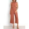 imageANRABESS Womens Summer 2 Piece Outfits Sleeveless Crop Top Capri Wide Leg Pants Jumpsuit Linen Lounge Beach Travel SetsRust