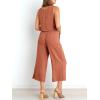 imageANRABESS Womens Summer 2 Piece Outfits Sleeveless Crop Top Capri Wide Leg Pants Jumpsuit Linen Lounge Beach Travel SetsRust
