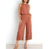 imageANRABESS Womens Summer 2 Piece Outfits Sleeveless Crop Top Capri Wide Leg Pants Jumpsuit Linen Lounge Beach Travel SetsRust