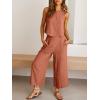 imageANRABESS Womens Summer 2 Piece Outfits Sleeveless Crop Top Capri Wide Leg Pants Jumpsuit Linen Lounge Beach Travel SetsRust