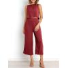 imageANRABESS Womens Summer 2 Piece Outfits Sleeveless Crop Top Capri Wide Leg Pants Jumpsuit Linen Lounge Beach Travel SetsWine Red
