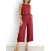 imageANRABESS Womens Summer 2 Piece Outfits Sleeveless Crop Top Capri Wide Leg Pants Jumpsuit Linen Lounge Beach Travel SetsWine Red