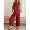 imageANRABESS Womens Summer 2 Piece Outfits Sleeveless Crop Top Capri Wide Leg Pants Jumpsuit Linen Lounge Beach Travel SetsWine Red