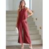imageANRABESS Womens Summer 2 Piece Outfits Sleeveless Crop Top Capri Wide Leg Pants Jumpsuit Linen Lounge Beach Travel SetsWine Red