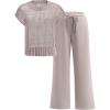 imageANRABESS Women Two Piece Outfits Crochet Sheer Knit Sweater Top Wide Leg Pants Lounge Matching Sets Sweatsuit Travel ClothesLight Khaki
