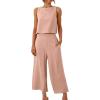 imageANRABESS Womens Summer 2 Piece Outfits Sleeveless Crop Top Capri Wide Leg Pants Jumpsuit Linen Lounge Beach Travel SetsPink