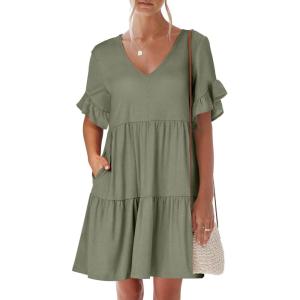 imageANRABESS Dresses for Women Summer 2025 V Neck Ruffle Sleeve A Line Tiered Flowy Casual Trendy Mini Beach Dress with PocketsArmy Green