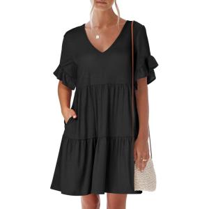 imageANRABESS Dresses for Women Summer 2025 V Neck Ruffle Sleeve A Line Tiered Flowy Casual Trendy Mini Beach Dress with PocketsBlack