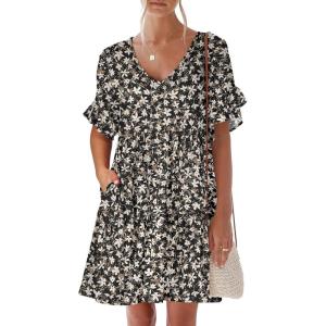 imageANRABESS Dresses for Women Summer 2025 V Neck Ruffle Sleeve A Line Tiered Flowy Casual Trendy Mini Beach Dress with PocketsBlack White Floral