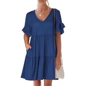 imageANRABESS Dresses for Women Summer 2025 V Neck Ruffle Sleeve A Line Tiered Flowy Casual Trendy Mini Beach Dress with PocketsBlue