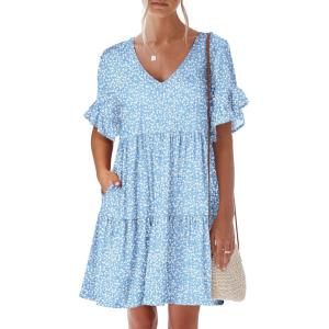 imageANRABESS Dresses for Women Summer 2025 V Neck Ruffle Sleeve A Line Tiered Flowy Casual Trendy Mini Beach Dress with PocketsBlue White Floral