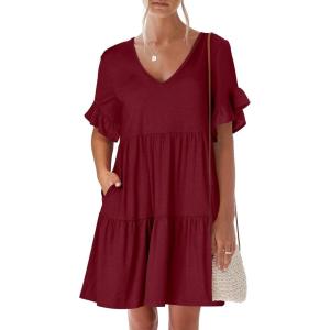 imageANRABESS Dresses for Women Summer 2025 V Neck Ruffle Sleeve A Line Tiered Flowy Casual Trendy Mini Beach Dress with PocketsBurgundy