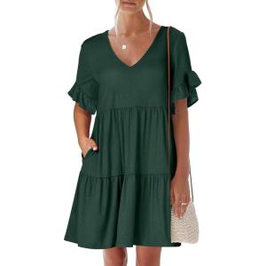 imageANRABESS Dresses for Women Summer 2025 V Neck Ruffle Sleeve A Line Tiered Flowy Casual Trendy Mini Beach Dress with PocketsDeep Green