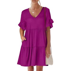 imageANRABESS Dresses for Women Summer 2025 V Neck Ruffle Sleeve A Line Tiered Flowy Casual Trendy Mini Beach Dress with PocketsFuchsia
