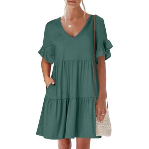 imageANRABESS Dresses for Women Summer 2025 V Neck Ruffle Sleeve A Line Tiered Flowy Casual Trendy Mini Beach Dress with PocketsGreen