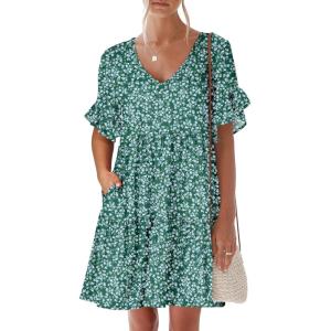imageANRABESS Dresses for Women Summer 2025 V Neck Ruffle Sleeve A Line Tiered Flowy Casual Trendy Mini Beach Dress with PocketsGreen Blue Floral