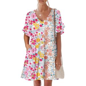 imageANRABESS Dresses for Women Summer 2025 V Neck Ruffle Sleeve A Line Tiered Flowy Casual Trendy Mini Beach Dress with PocketsMulticolour Floral