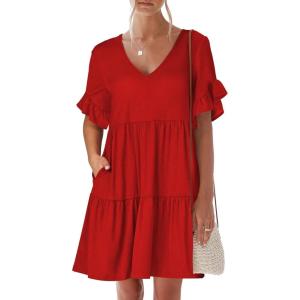 imageANRABESS Dresses for Women Summer 2025 V Neck Ruffle Sleeve A Line Tiered Flowy Casual Trendy Mini Beach Dress with PocketsRed