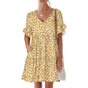 imageANRABESS Dresses for Women Summer 2025 V Neck Ruffle Sleeve A Line Tiered Flowy Casual Trendy Mini Beach Dress with PocketsYellow Red White Floral