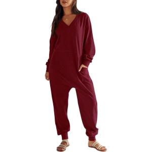 imageANRABESS Jumpsuits for Women 2025 Fall Long Sleeve Casual Loose Fit Romper Lounge One Piece Pajamas Outfits JumperBurgundy