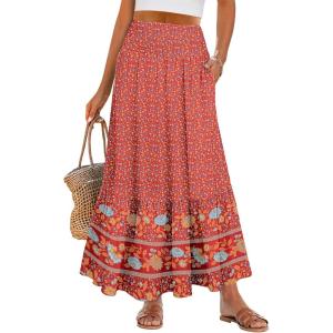 imageANRABESS Maxi Skirts for Women 2025 Summer Boho Long Flowy Floral Elastic High Waist Skirt Casual Travel Skirt with PocketsRed Blue Floral