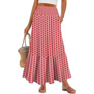 imageANRABESS Maxi Skirts for Women 2025 Summer Boho Long Flowy Floral Elastic High Waist Skirt Casual Travel Skirt with PocketsRed Floral