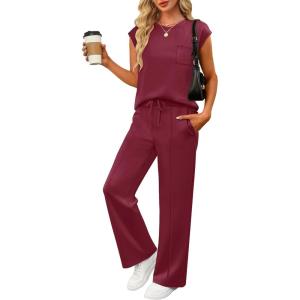 imageANRABESS Two Piece Sets for Women Summer Sleeveless Sweatsuits Wide Leg Casual Lounge Set Matching Vacation Travel OutfitsBurgundy