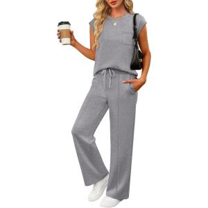 imageANRABESS Two Piece Sets for Women Summer Sleeveless Sweatsuits Wide Leg Casual Lounge Set Matching Vacation Travel OutfitsGrey
