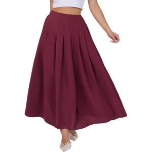 imageANRABESS Women ALine Pleated High Waist Maxi Skirt Full Ankle Length Flowy Swing Elegant Dressy Casual Work Long SkirtsRed