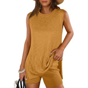imageANRABESS Women Summer 2 Piece Outfits Sleeveless Knit Sweater Top ampamp Shorts Soft Lounge Sets Travel Beach 2025 Spring ClothesTurmeric