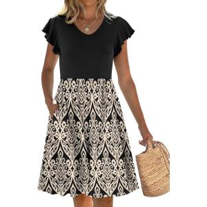 imageANRABESS Women Summer Casual 2025 Ruffle Sleeveless V Neck Short Sundress Flowy Aline Cute Beach Mini Dress with PocketsKhaki Patterned