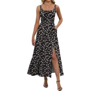 imageANRABESS Women Summer Maxi Dress 2025 Square Neck Sleeveless Casual Boho Floral High Waist Slit Travel Vacation SundressFloral Black