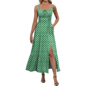 imageANRABESS Women Summer Maxi Dress 2025 Square Neck Sleeveless Casual Boho Floral High Waist Slit Travel Vacation SundressGreen Floral