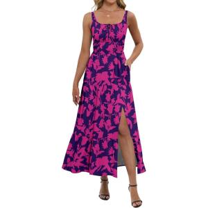 imageANRABESS Women Summer Maxi Dress 2025 Square Neck Sleeveless Casual Boho Floral High Waist Slit Travel Vacation SundressNavy Hot Pink Floral