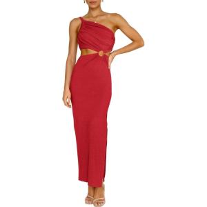 imageANRABESS Women Summer One Shoulder Sleeveless Maxi Dress Cutout Sexy Bodycon Semi Formal Dinner Date Vacation DressesRed