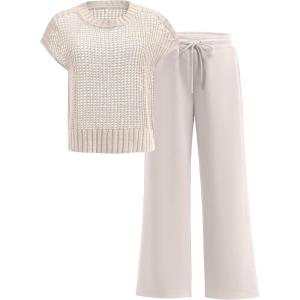 imageANRABESS Women Two Piece Outfits Crochet Sheer Knit Sweater Top Wide Leg Pants Lounge Matching Sets Sweatsuit Travel ClothesAprioct