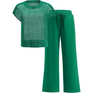 imageANRABESS Women Two Piece Outfits Crochet Sheer Knit Sweater Top Wide Leg Pants Lounge Matching Sets Sweatsuit Travel ClothesGreen