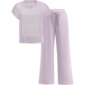 imageANRABESS Women Two Piece Outfits Crochet Sheer Knit Sweater Top Wide Leg Pants Lounge Matching Sets Sweatsuit Travel ClothesLight Purple