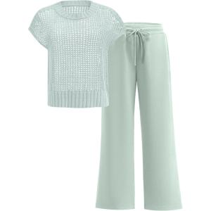 imageANRABESS Women Two Piece Outfits Crochet Sheer Knit Sweater Top Wide Leg Pants Lounge Matching Sets Sweatsuit Travel ClothesMint Green