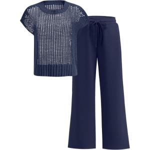 imageANRABESS Women Two Piece Outfits Crochet Sheer Knit Sweater Top Wide Leg Pants Lounge Matching Sets Sweatsuit Travel ClothesNavy Blue